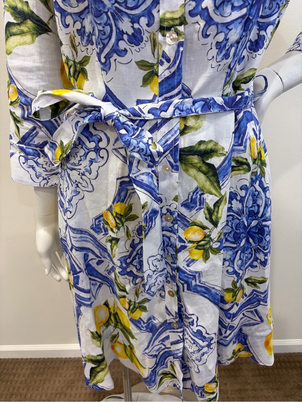 NWT IDILLIO POSITANO Linen Lemon Majolica Print Belted Button Up Shirt Dress - Picture 5 of 15